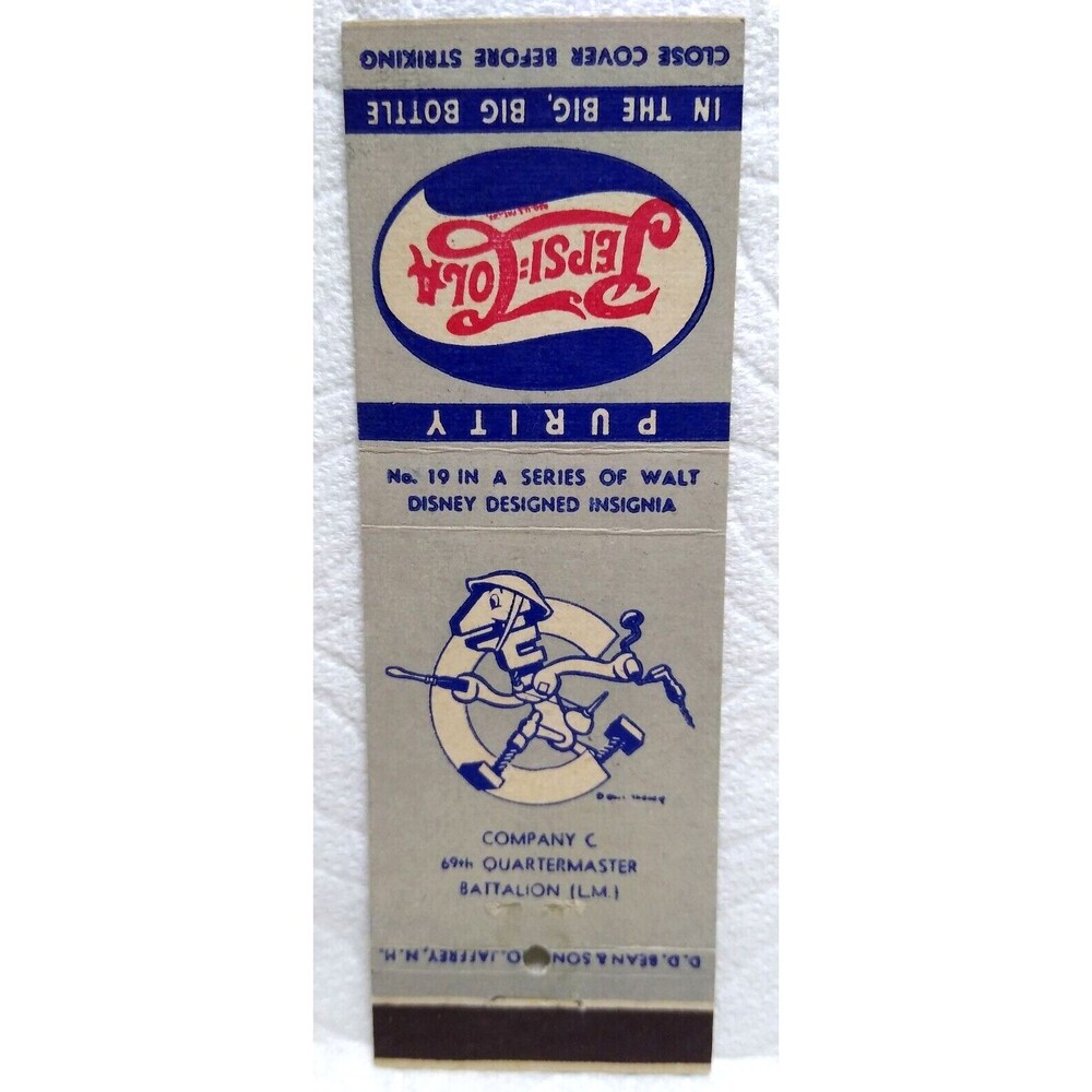 Pepsi Cola Matchbook Cover Walt Disney 40's No 19 Wrench Man Tools Quartermaster